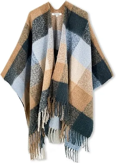 Midnight Beige Winter Chic Plaid Poncho Cardigan