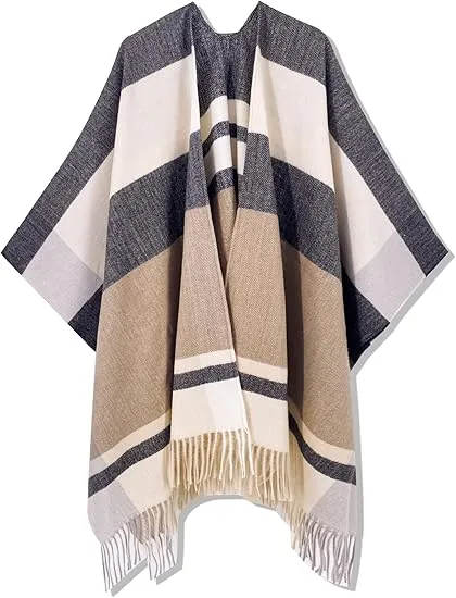 Midnight Beige Winter Chic Plaid Poncho Cardigan