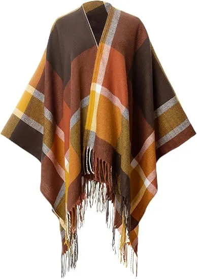 Midnight Beige Winter Chic Plaid Poncho Cardigan