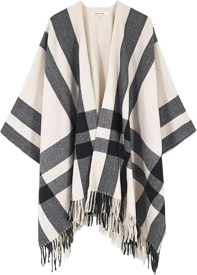 Midnight Beige Winter Chic Plaid Poncho Cardigan