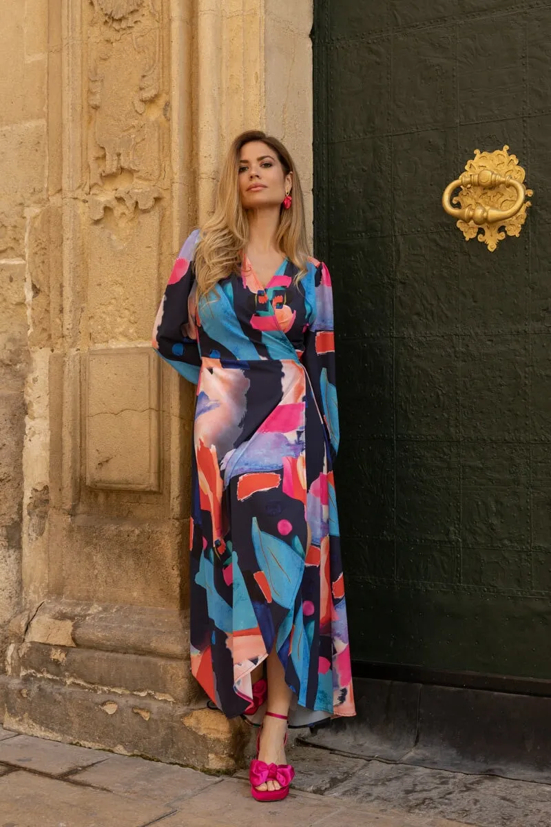 Multicolour Long Sleeve Wrap Midi Dress