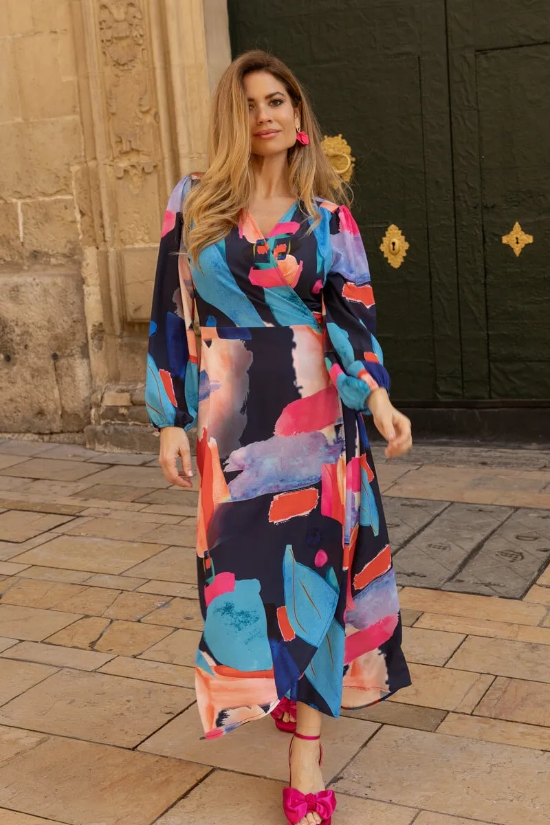Multicolour Long Sleeve Wrap Midi Dress