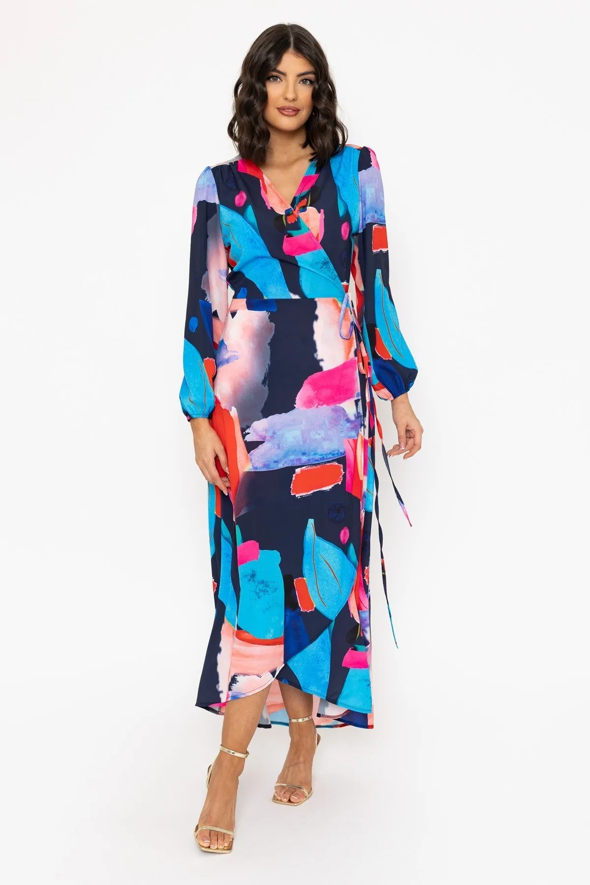 Multicolour Long Sleeve Wrap Midi Dress