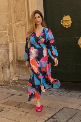Multicolour Long Sleeve Wrap Midi Dress