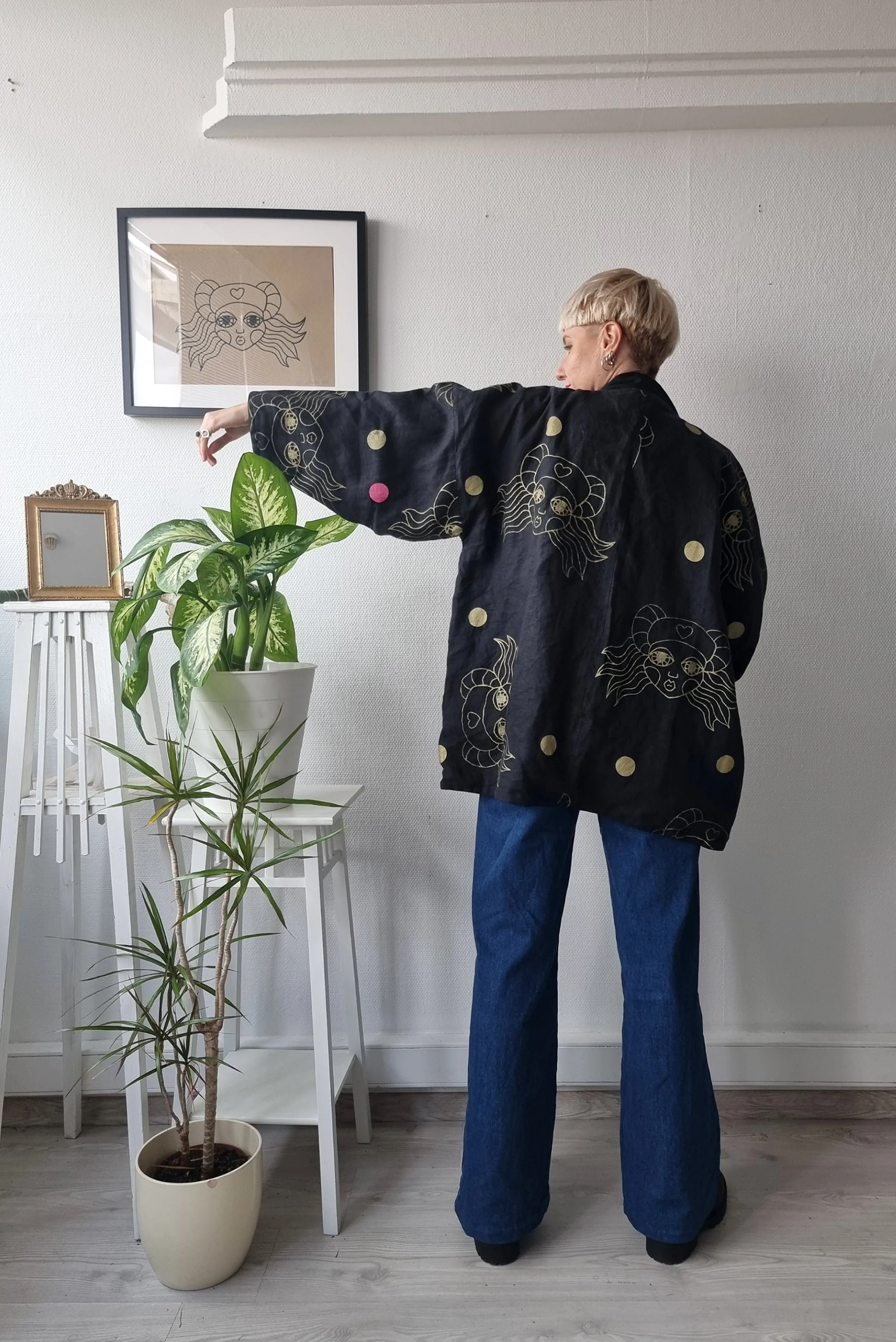 One of a Kind Oversized Zero Waste Doublesided Hanten Jacket in Hand Printed patterned Black fabric leftovers and Black Linen Blend Fabric