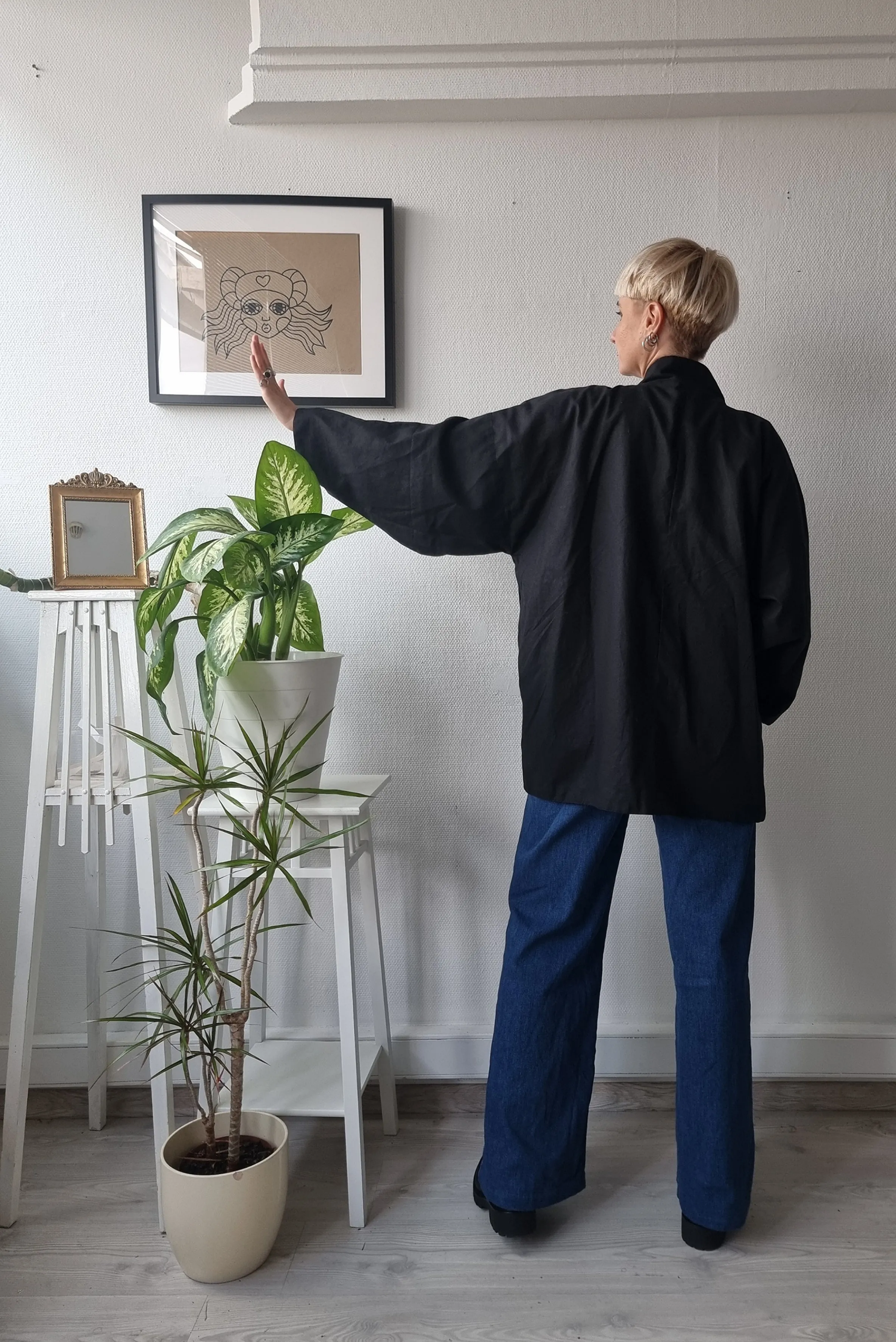 One of a Kind Oversized Zero Waste Doublesided Hanten Jacket in Hand Printed patterned Black fabric leftovers and Black Linen Blend Fabric