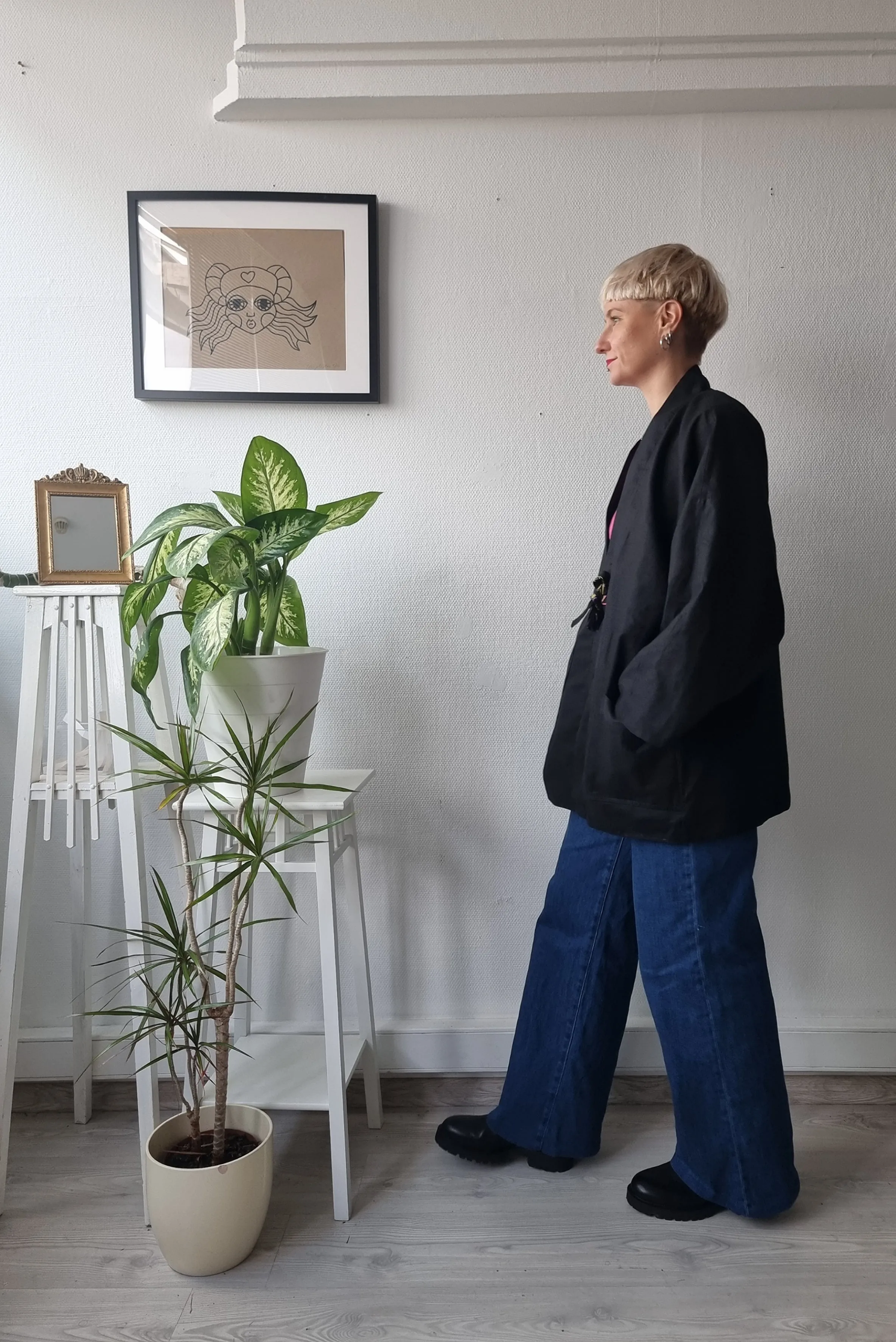 One of a Kind Oversized Zero Waste Doublesided Hanten Jacket in Hand Printed patterned Black fabric leftovers and Black Linen Blend Fabric