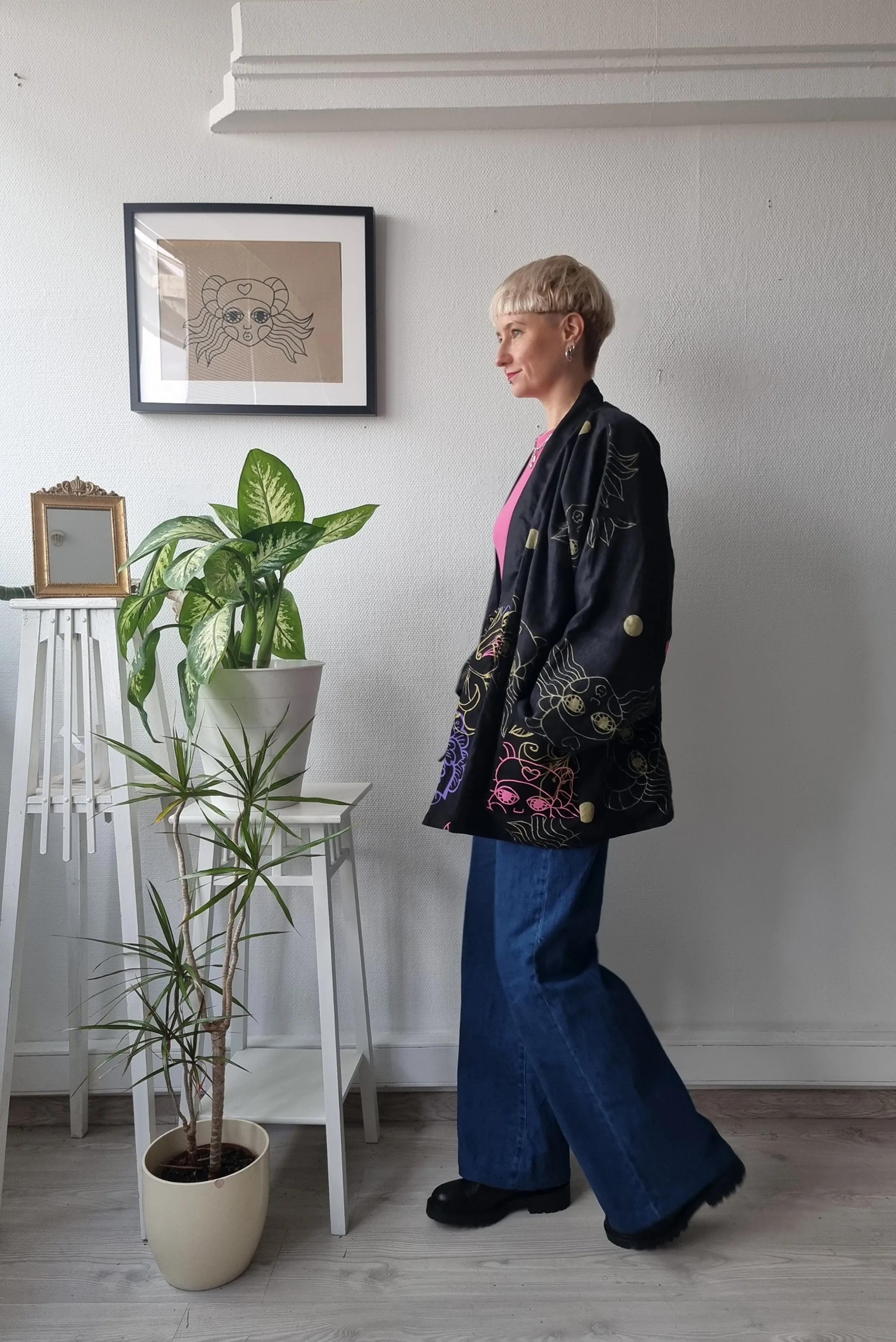 One of a Kind Oversized Zero Waste Doublesided Hanten Jacket in Hand Printed patterned Black fabric leftovers and Black Linen Blend Fabric