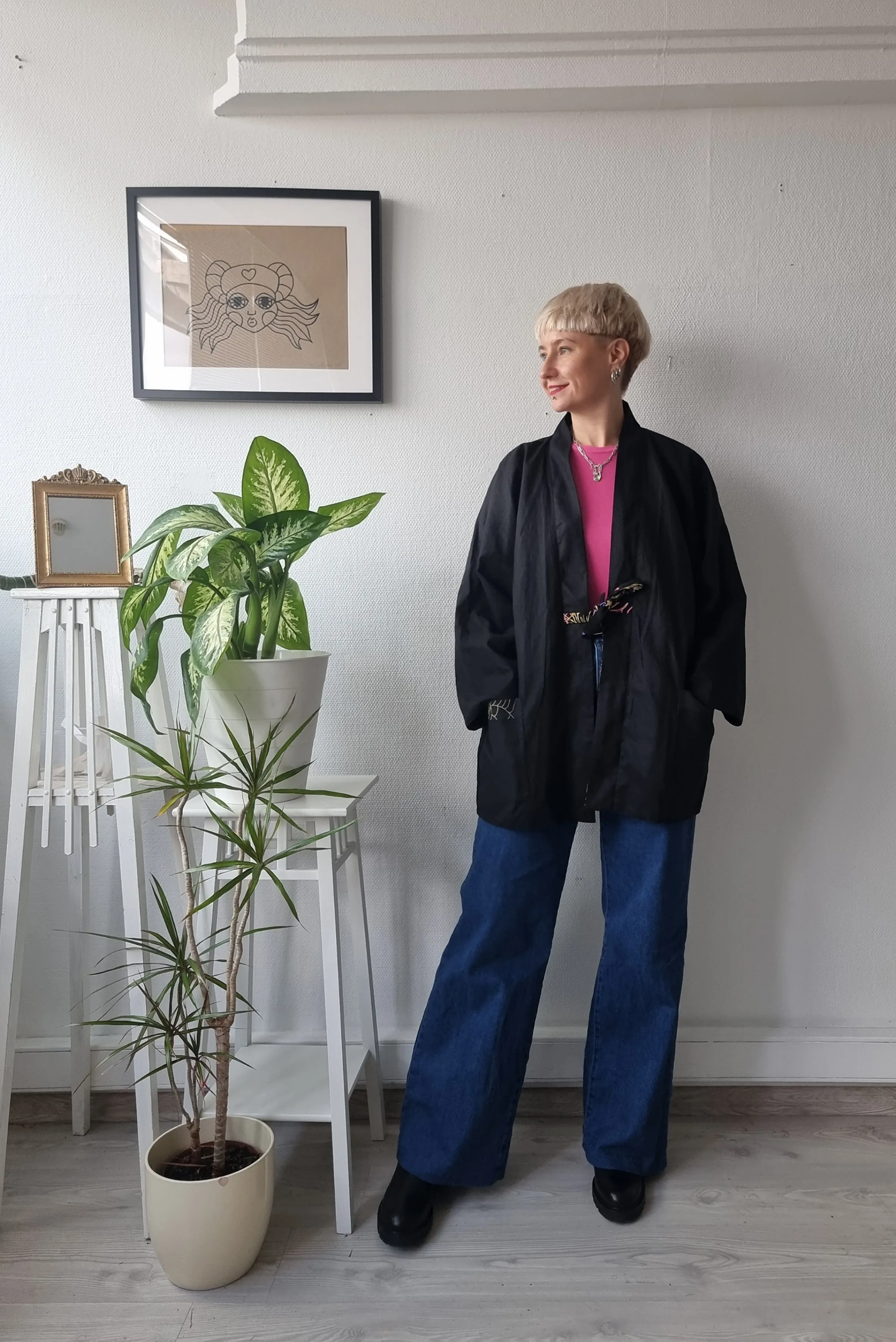 One of a Kind Oversized Zero Waste Doublesided Hanten Jacket in Hand Printed patterned Black fabric leftovers and Black Linen Blend Fabric