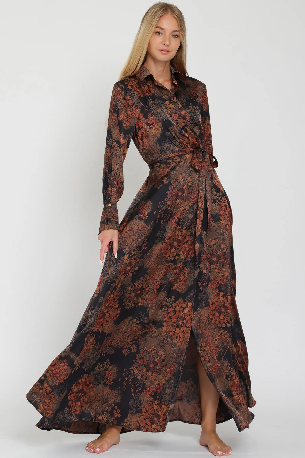 PRINTED SILKY MAXI WRAP DRESS