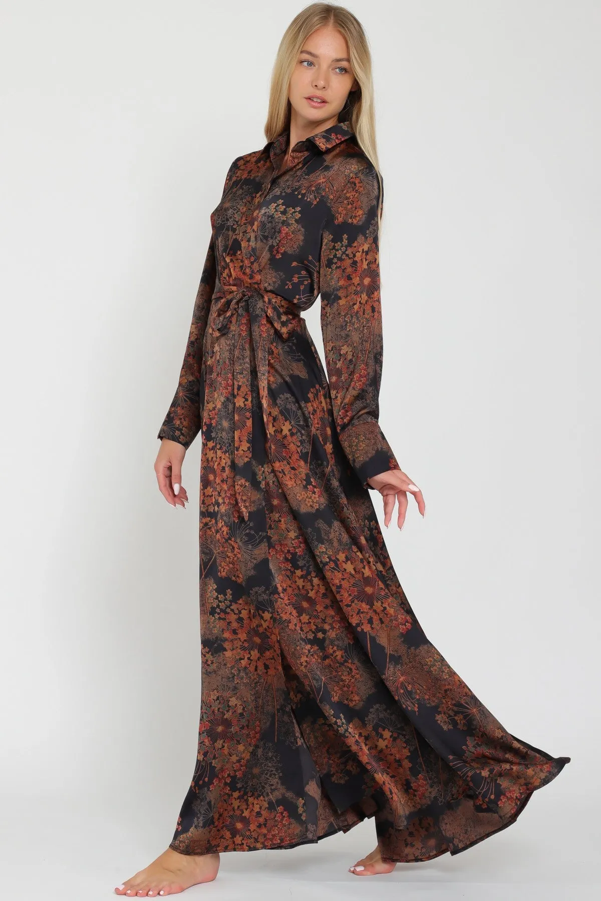 PRINTED SILKY MAXI WRAP DRESS