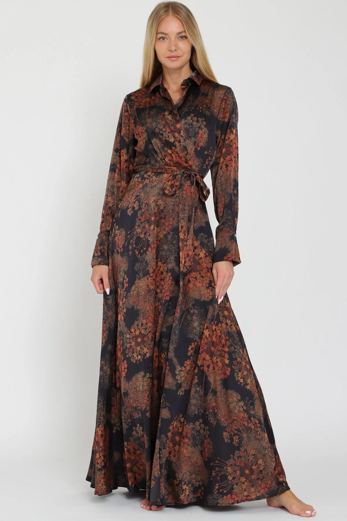 PRINTED SILKY MAXI WRAP DRESS