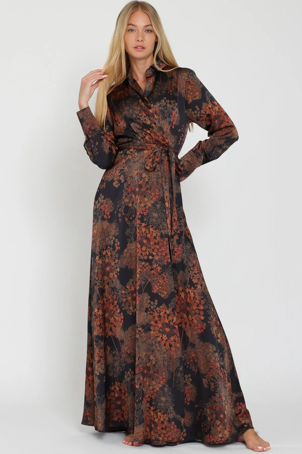 PRINTED SILKY MAXI WRAP DRESS
