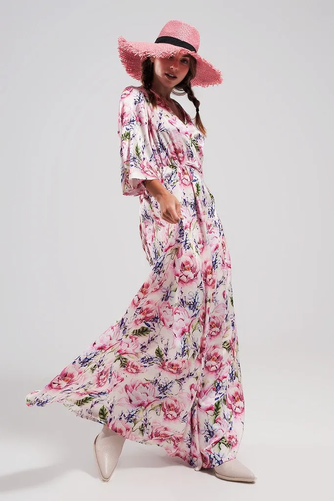 Q2 - Original Flutter Sleeve Maxi Dress in Pink Floral Print