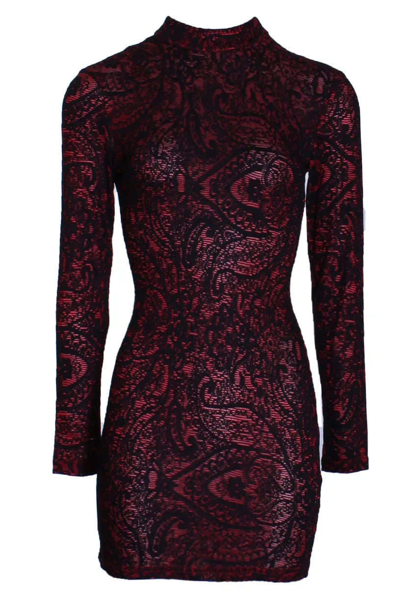 Red High Neck Long Sleeved Printed Bodycon Dress