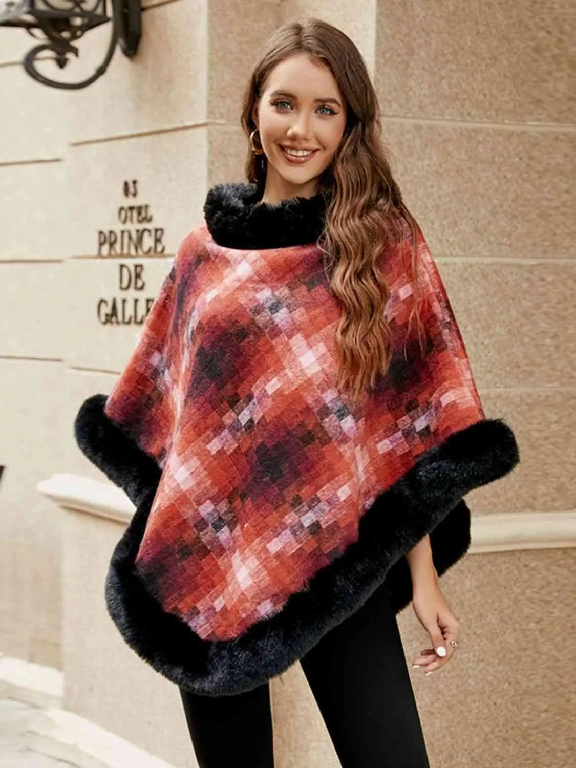 Remarkable Warmth Faux Fur Trim Poncho
