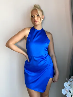 Royal Blue Satin Draped Asymmetrical Tie Neck Mini Dress