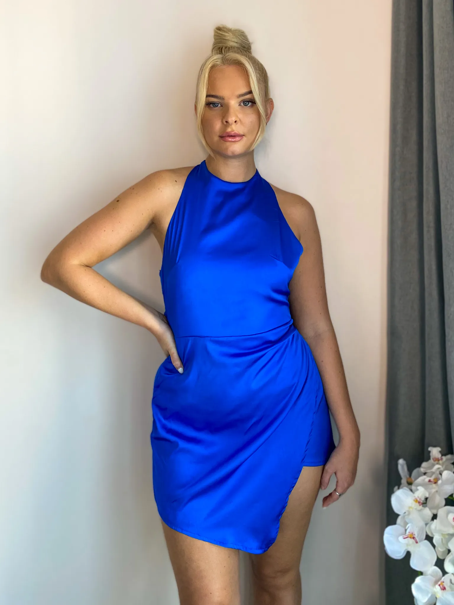 Royal Blue Satin Draped Asymmetrical Tie Neck Mini Dress