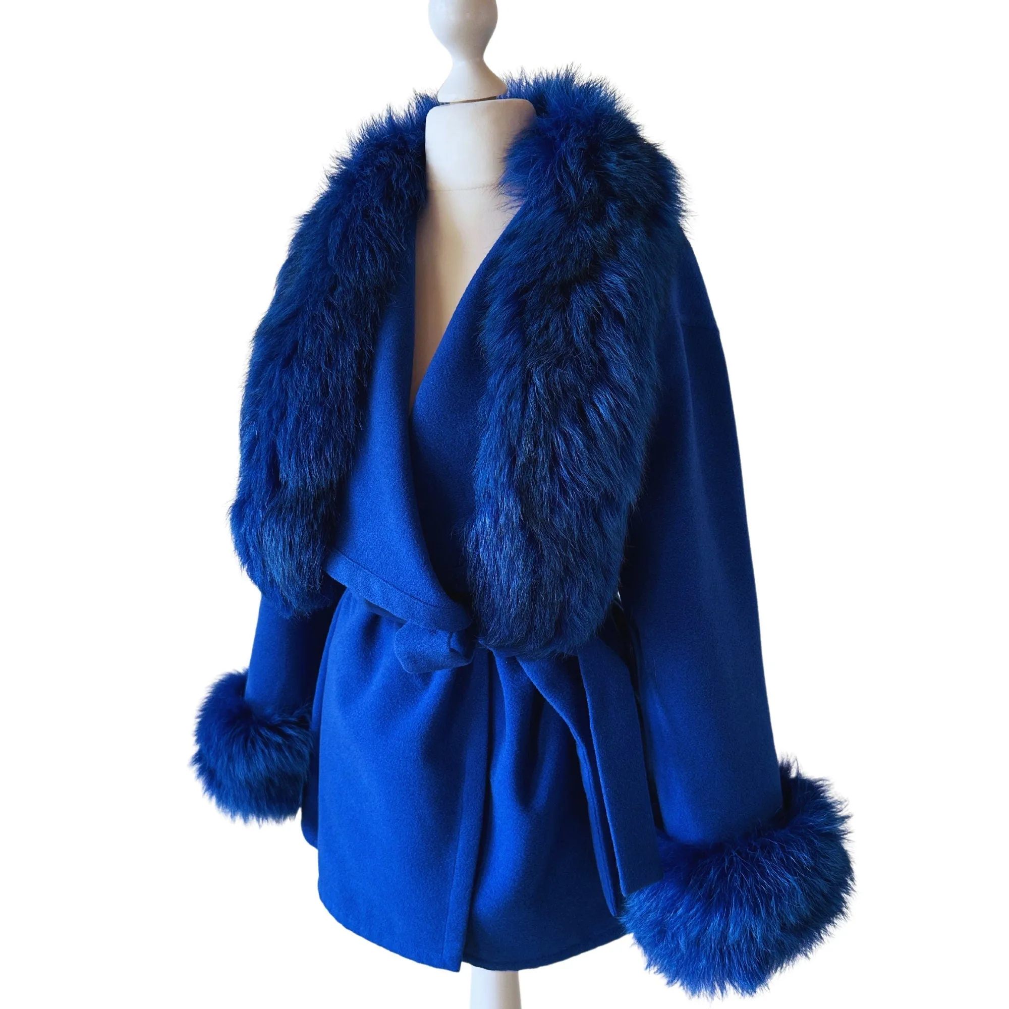 Royal Blue Wrap Elegant Women coat, Belted Feminine Jacket Overcoat Trim Fox Fur, Cashmere Woolen blend Coat Wrap