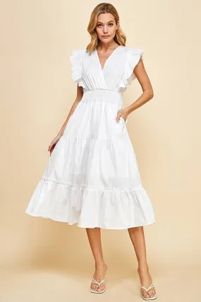 Ruffle Sleeve Midi Wrap Dress in White
