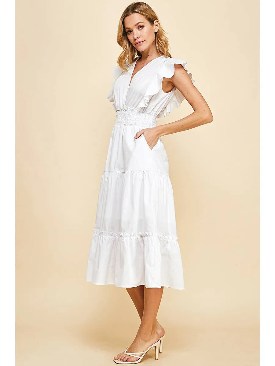 Ruffle Sleeve Midi Wrap Dress in White