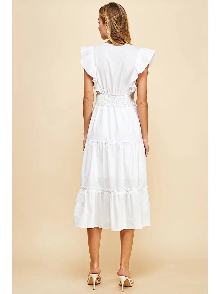 Ruffle Sleeve Midi Wrap Dress in White