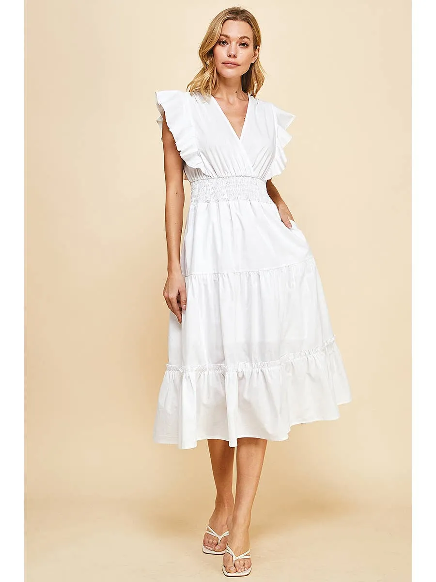 Ruffle Sleeve Midi Wrap Dress in White