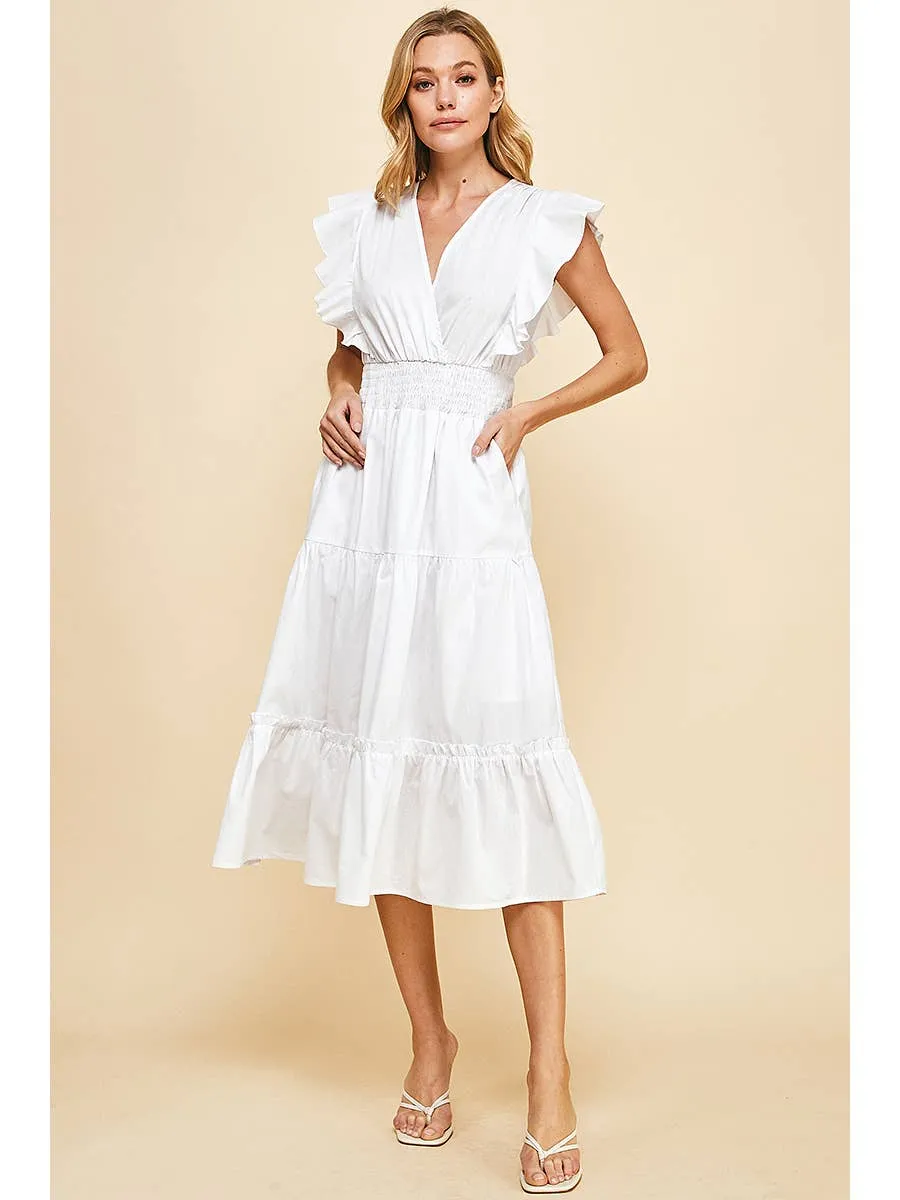 Ruffle Sleeve Midi Wrap Dress in White