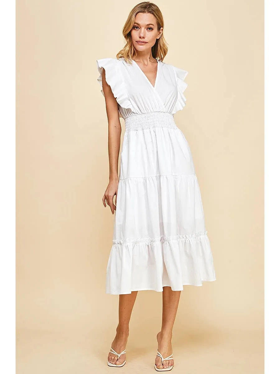 Ruffle Sleeve Midi Wrap Dress in White