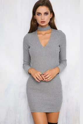 Sexy Long-Sleeve Knit Halter Dress Gray