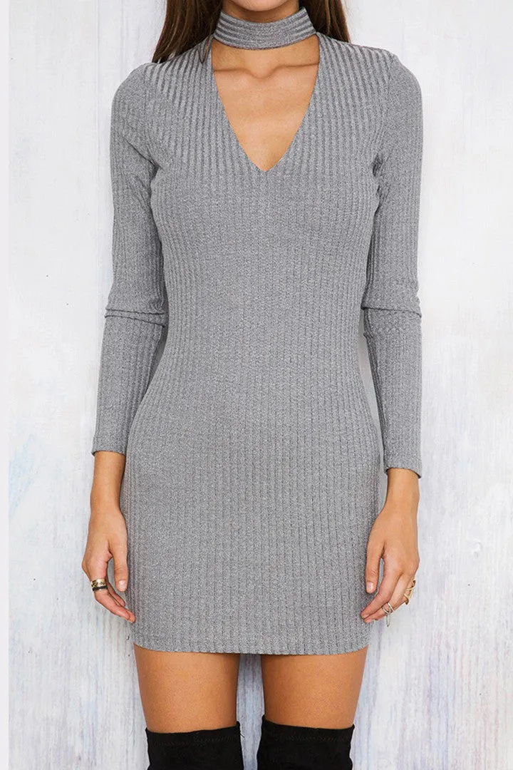Sexy Long-Sleeve Knit Halter Dress Gray