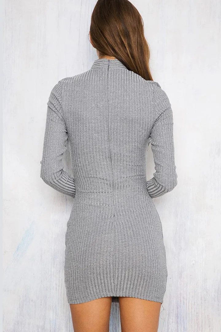 Sexy Long-Sleeve Knit Halter Dress Gray