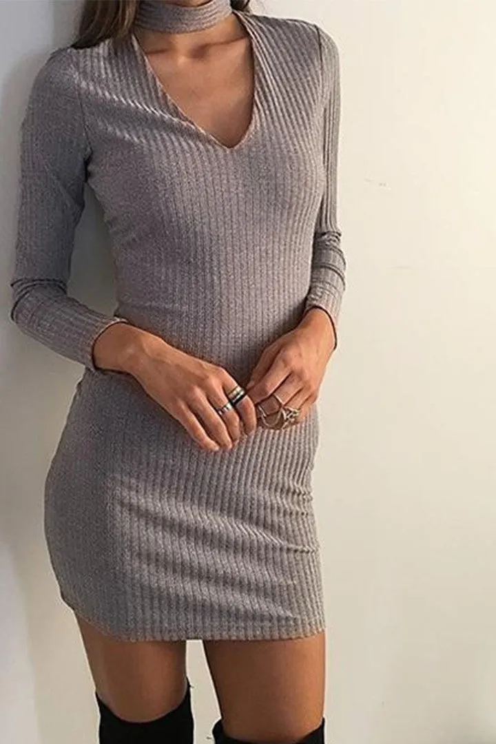 Sexy Long-Sleeve Knit Halter Dress Gray