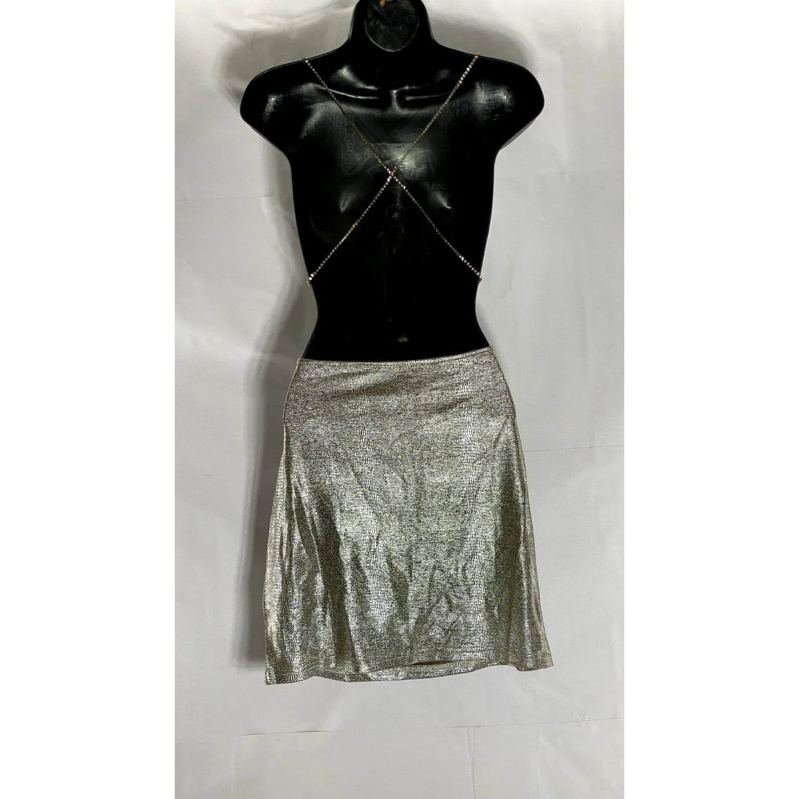 SHEIN Women's Silver Rhinestone Cross Straps Cowl-Neck Mini Bodycon Dress SZ M