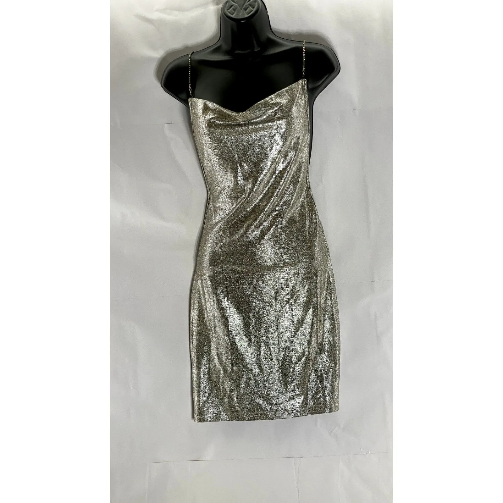 SHEIN Women's Silver Rhinestone Cross Straps Cowl-Neck Mini Bodycon Dress SZ M