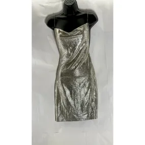 SHEIN Women's Silver Rhinestone Cross Straps Cowl-Neck Mini Bodycon Dress SZ M