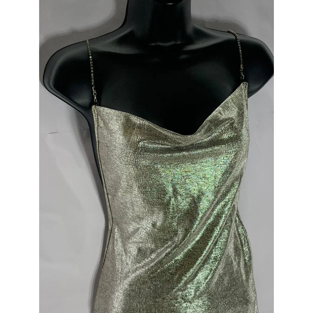SHEIN Women's Silver Rhinestone Cross Straps Cowl-Neck Mini Bodycon Dress SZ M