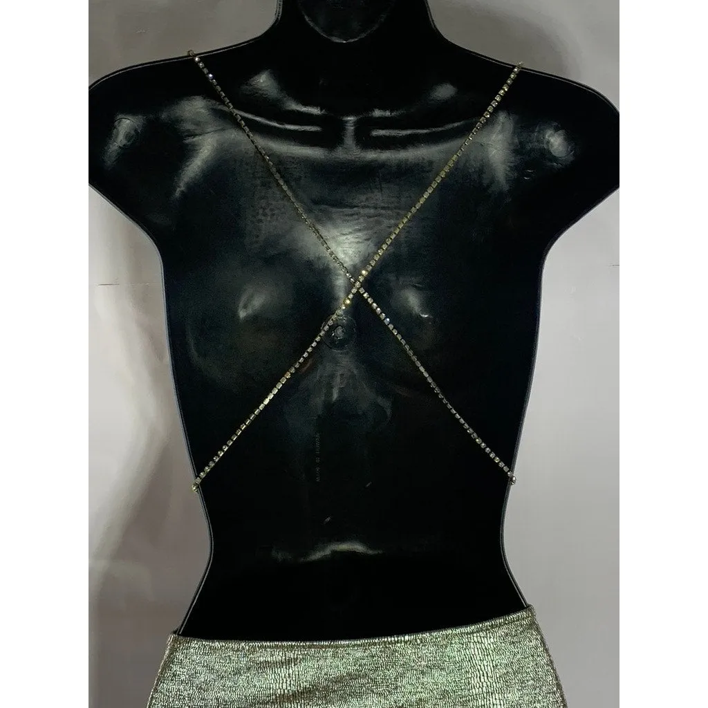 SHEIN Women's Silver Rhinestone Cross Straps Cowl-Neck Mini Bodycon Dress SZ M