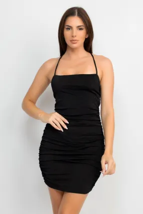 sleeveless slinky ruched dress