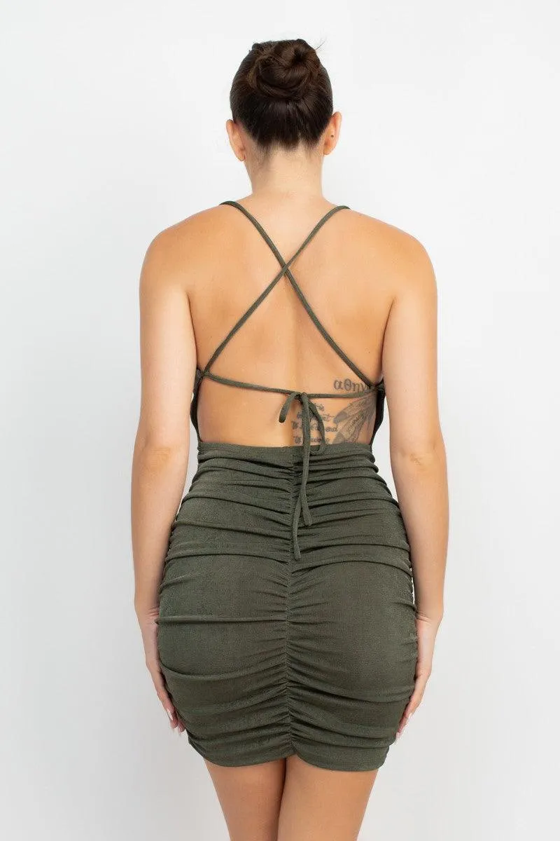 sleeveless slinky ruched dress