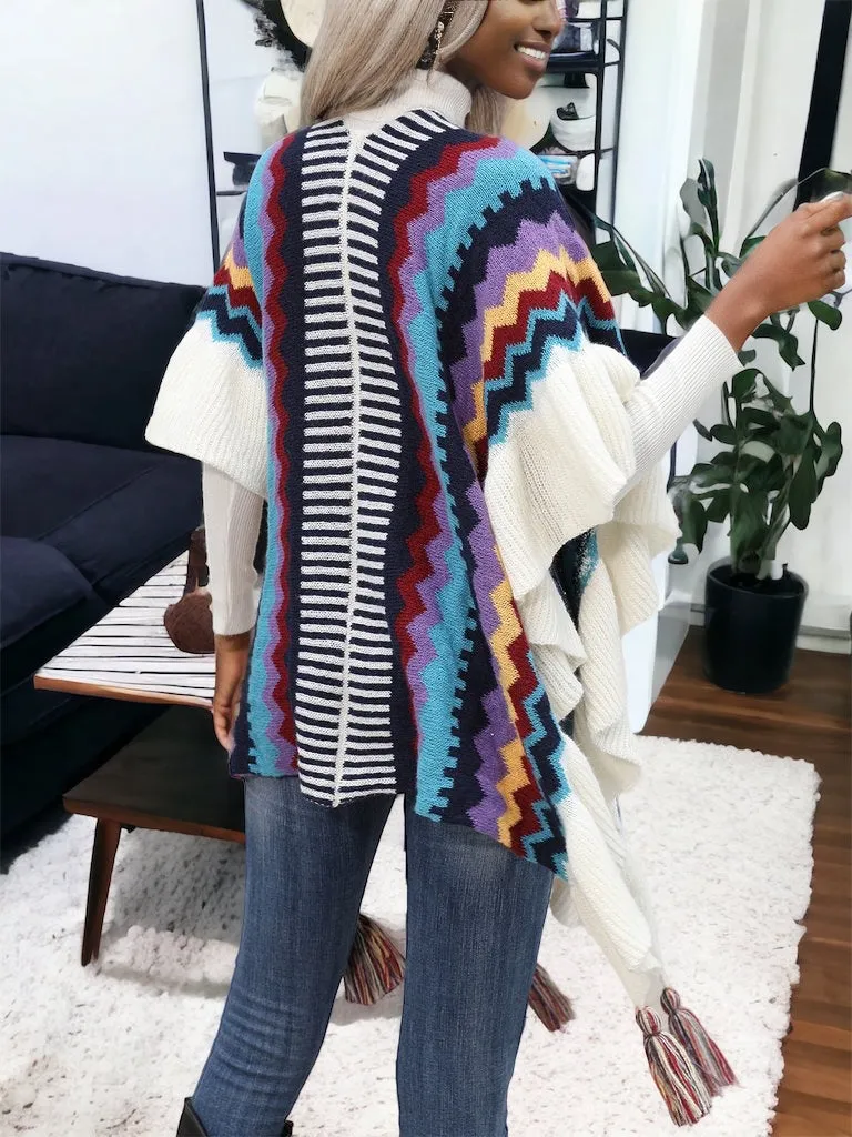 Striped Open Front Poncho with Tassels