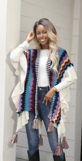 Striped Open Front Poncho with Tassels