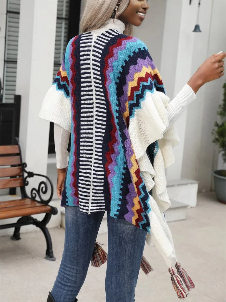 Striped Open Front Poncho with Tassels