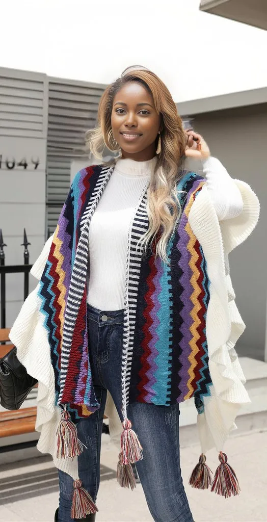 Striped Open Front Poncho with Tassels