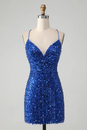 Stylish Royal Blue Sheath Criss Cross Back Short Homecoming Dress with Sequins