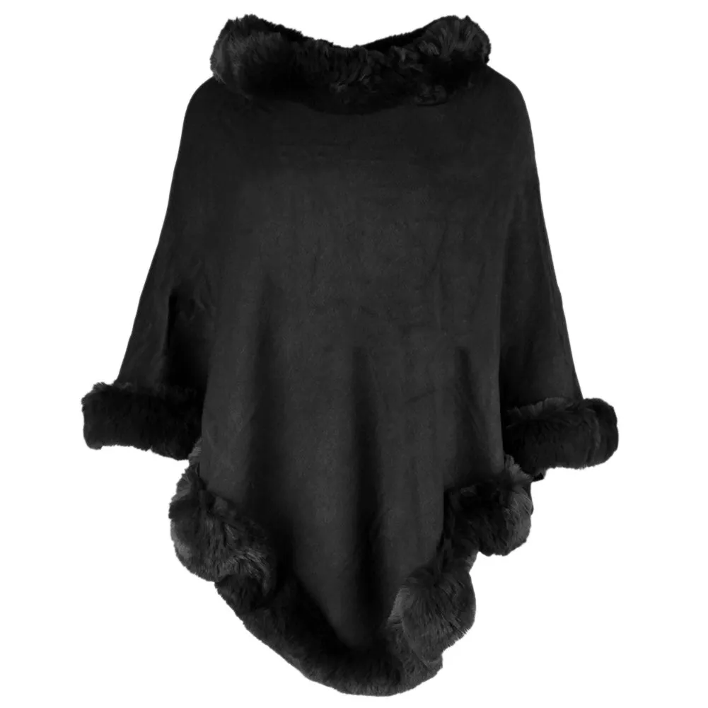 Very Moda Women's Trimmed Faux Fur V Shaped Knitted Poncho No Size