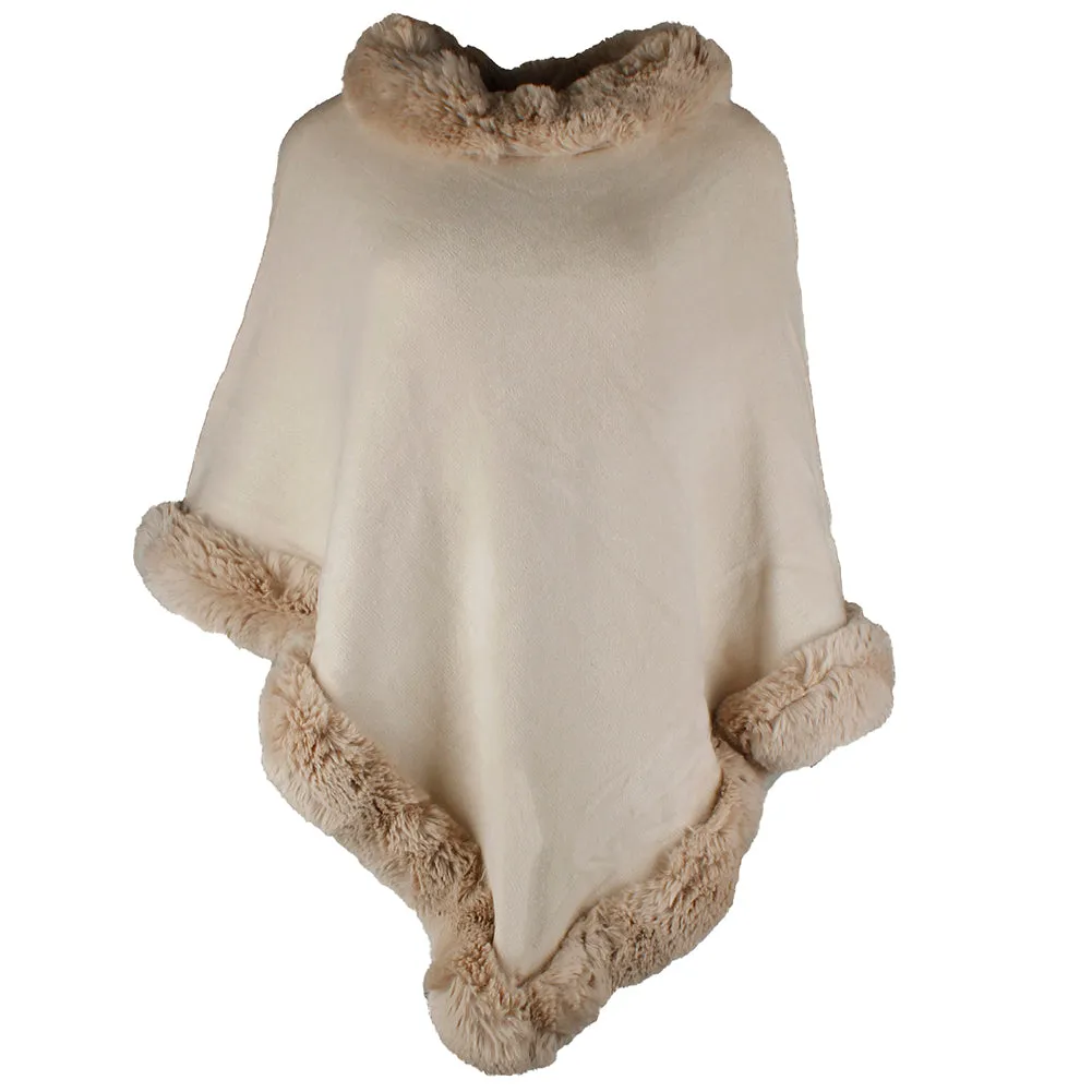 Very Moda Women's Trimmed Faux Fur V Shaped Knitted Poncho No Size