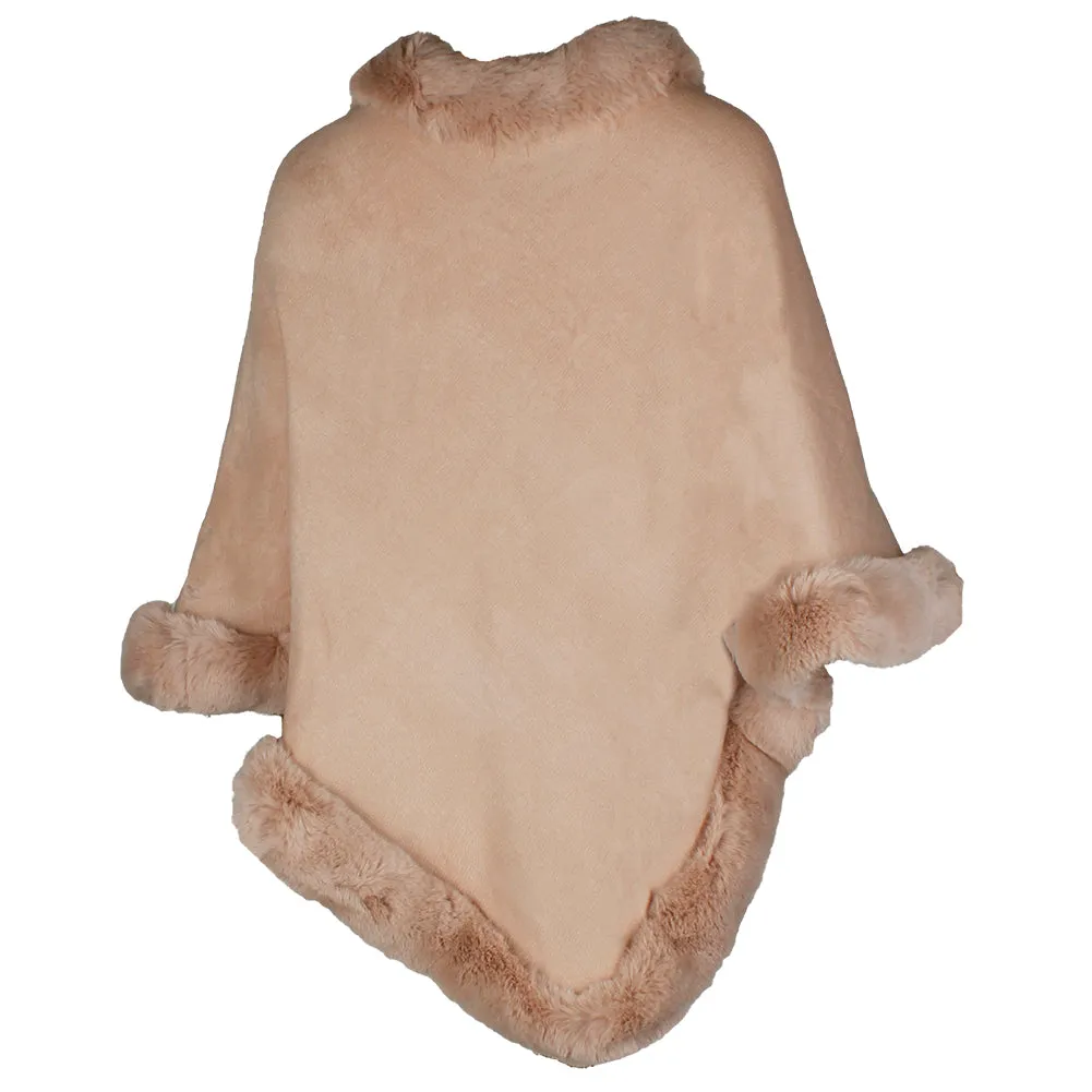 Very Moda Women's Trimmed Faux Fur V Shaped Knitted Poncho No Size