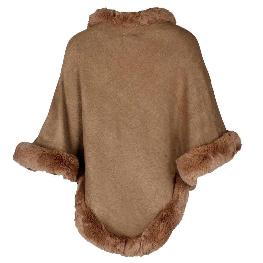 Very Moda Women's Trimmed Faux Fur V Shaped Knitted Poncho No Size