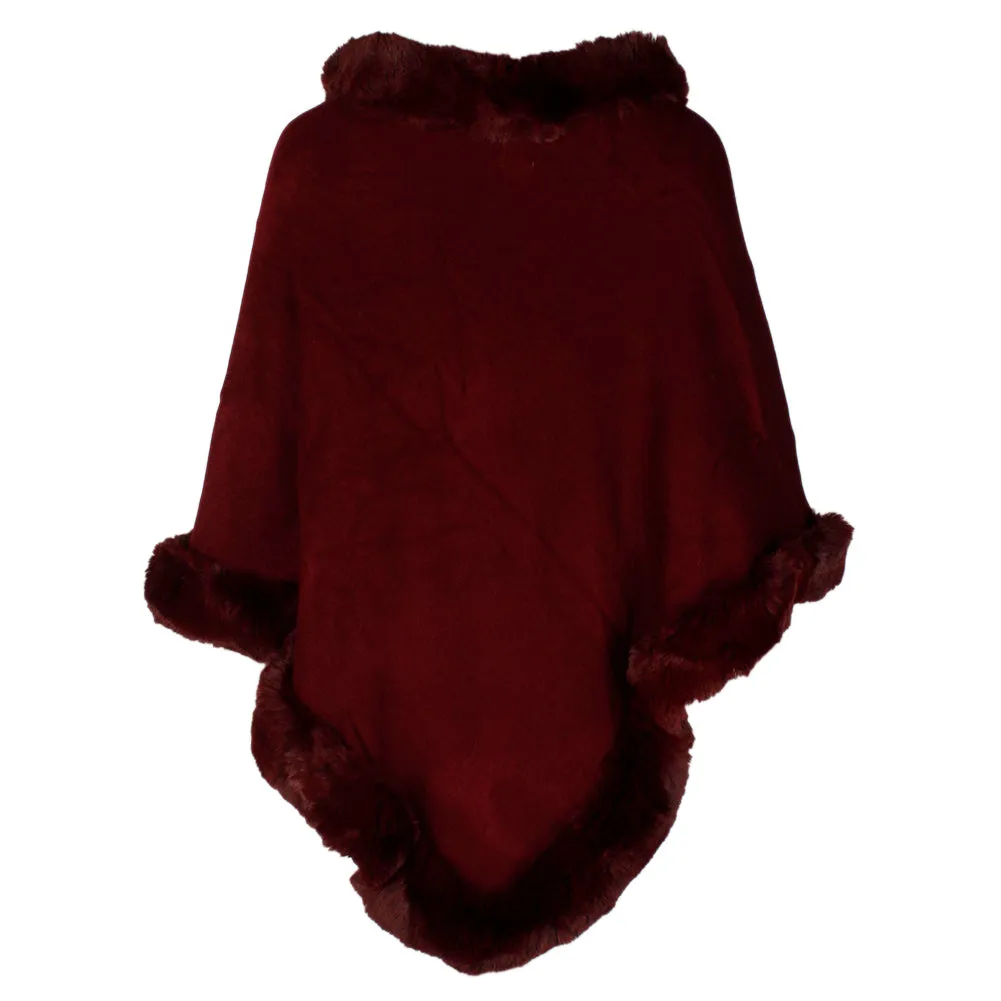 Very Moda Women's Trimmed Faux Fur V Shaped Knitted Poncho No Size